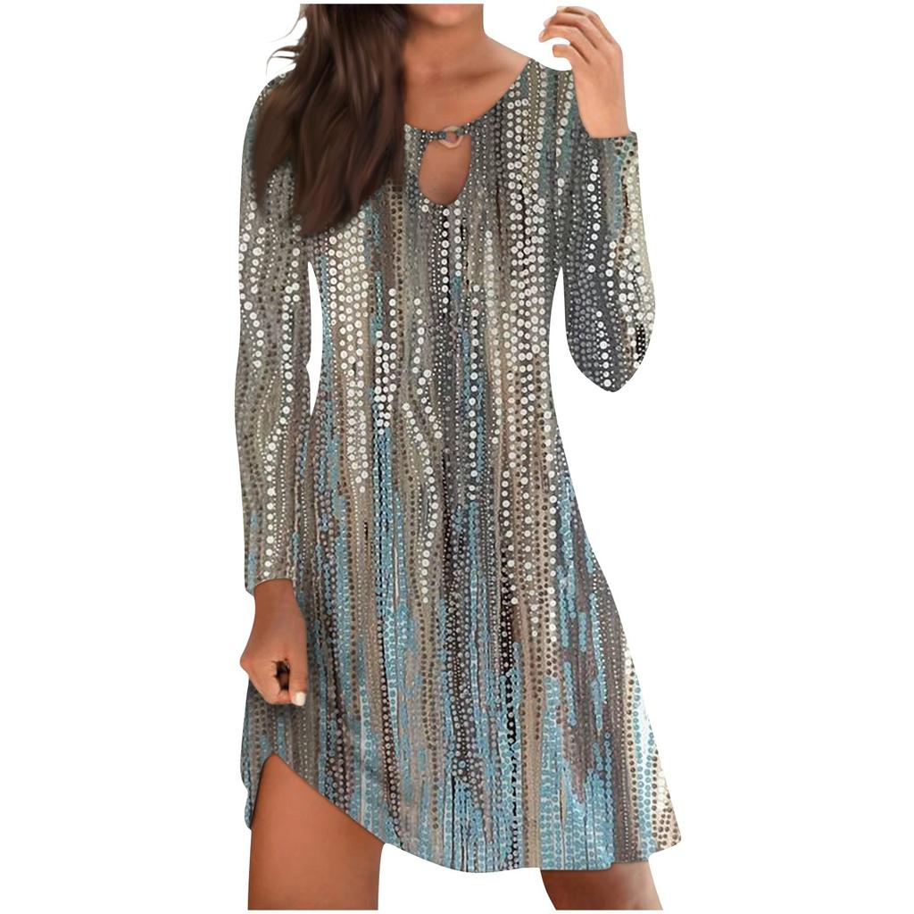 Women's Casual Comfortable Print Long-sleeve Chest Hollow Big Swing Dress
