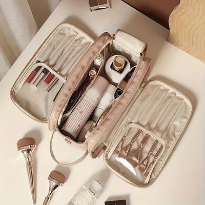 Ladies' Multi Functional Makeup Bag - Large Capacity Portable Travel Cosmetics Storage Box, Comes with Brush and Toilet Storage Compartments