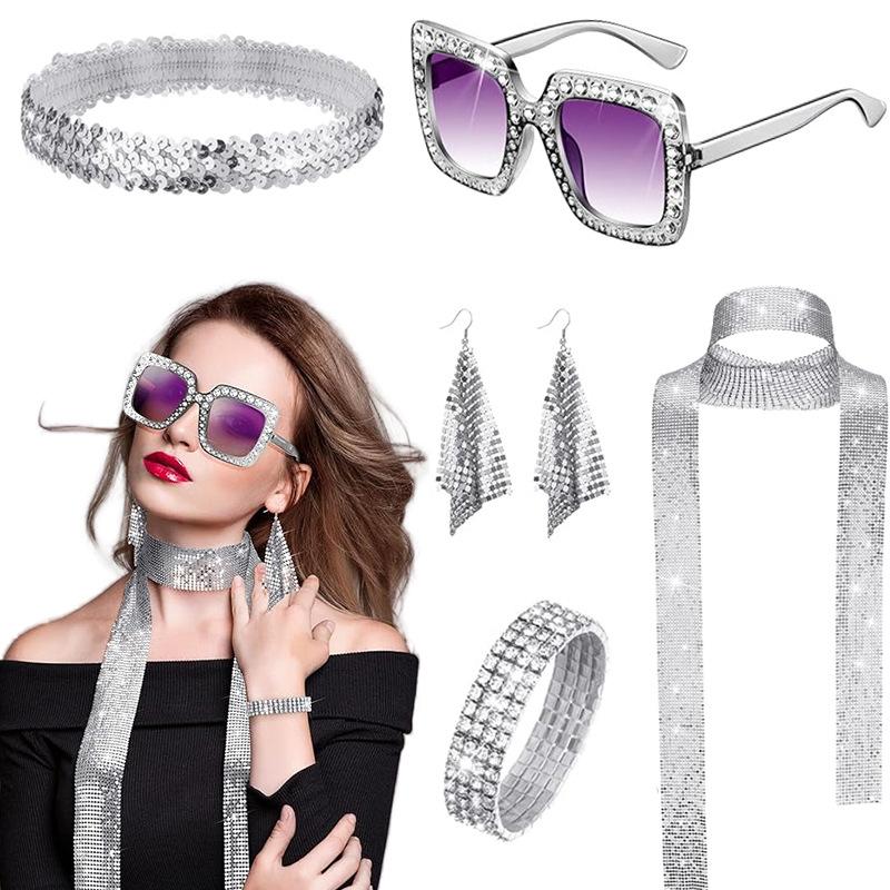 1970s Disco Women s Jewelry Earrings Scarf Sunglasses Bracelet Headband Accessory Set Retro Fun Essential