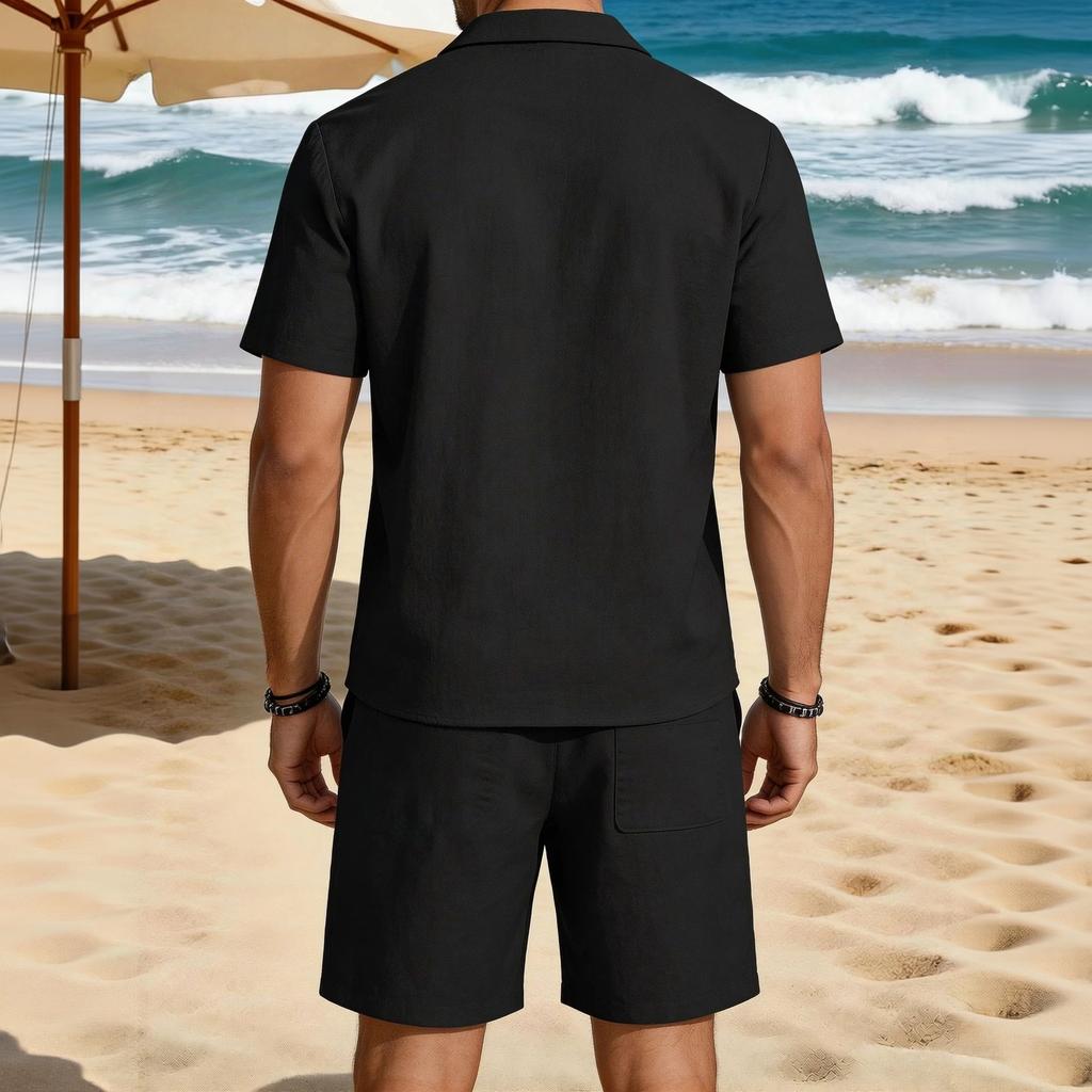 Men's Linen Short Sleeve Shirt and Shorts Set Casual Loose Fit Breathable with Pockets
