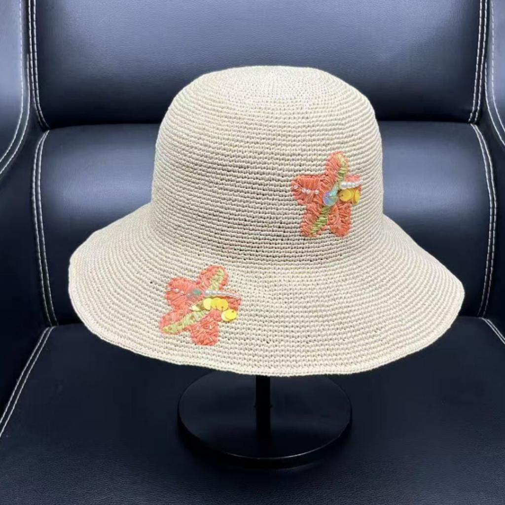 Sweet handmade crochet straw hat women summer outing sun shade sun protection basin hat bucket hat can be folded
