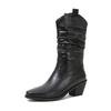 Fashion 2025 Pointed Toe Western Cowgirl Chelsea Mid calf Boots Women Cossacks Cowboy Pleated Boots Wedges Femal Shoes Botas Mujer 34-45