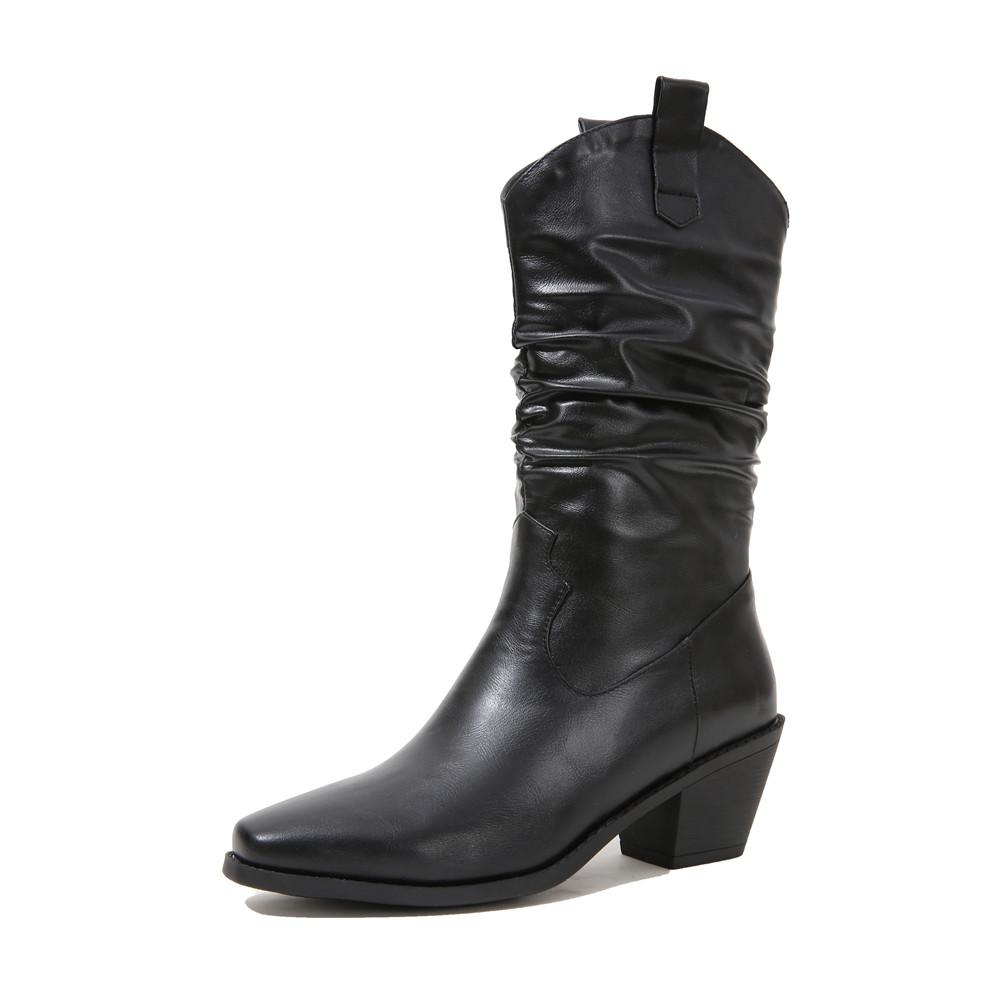 Fashion 2025 Pointed Toe Western Cowgirl Chelsea Mid calf Boots Women Cossacks Cowboy Pleated Boots Wedges Femal Shoes Botas Mujer 34-45
