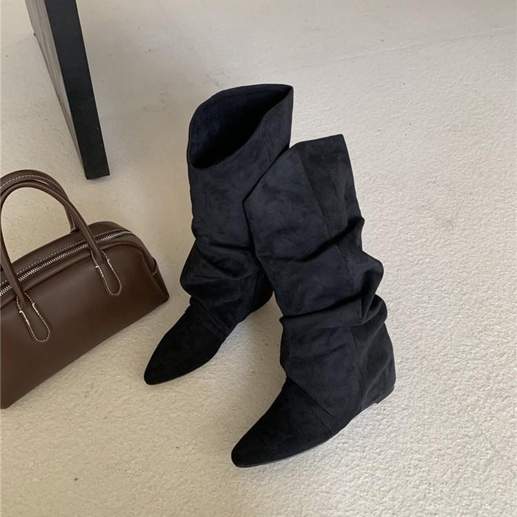 Inner Heightening Suede Pleated Stacking Boots Women's 2025 Autumn and Winter New Pointed Western Cowboy Boots Lapel Mid Boots Women