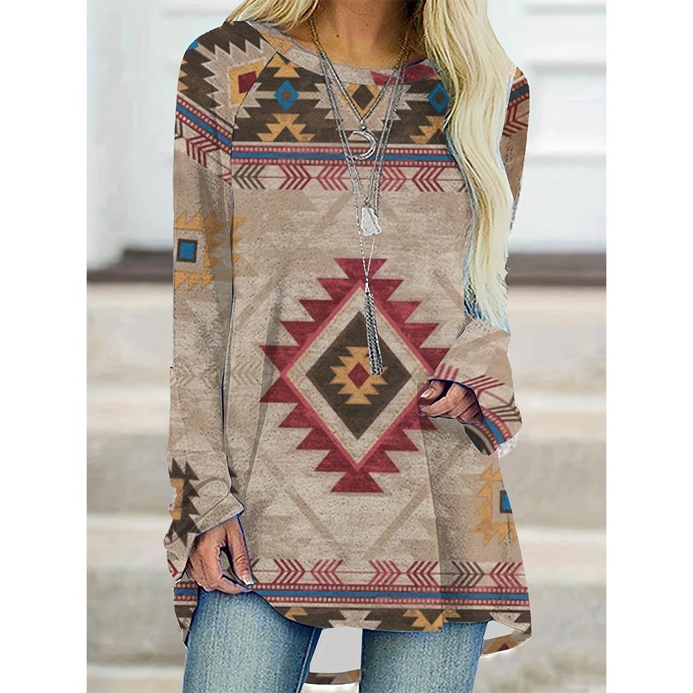 

Плюс размер Женская винтажная этническая футболка с принтом, свободная блузка с длинными рукавами, повседневные топы с круглым вырезом, толстовка, пуловер 8XL