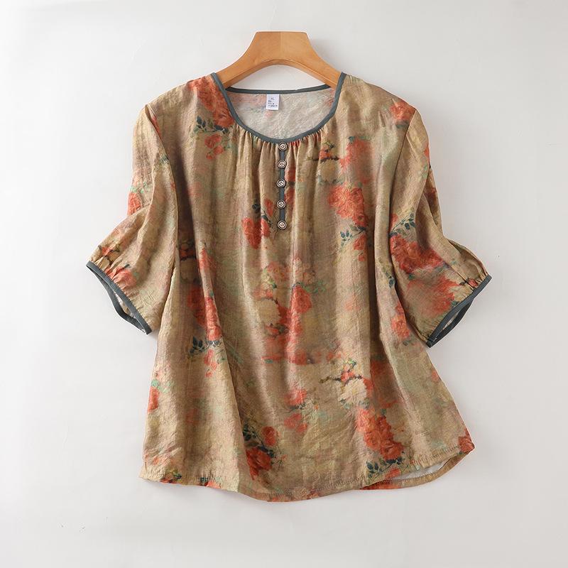 Chinese Style Tencel Cotton Short-Sleeved Top: Soft, Comfortable, and Breathable Pajamas for Middle-Aged and Elderly Women