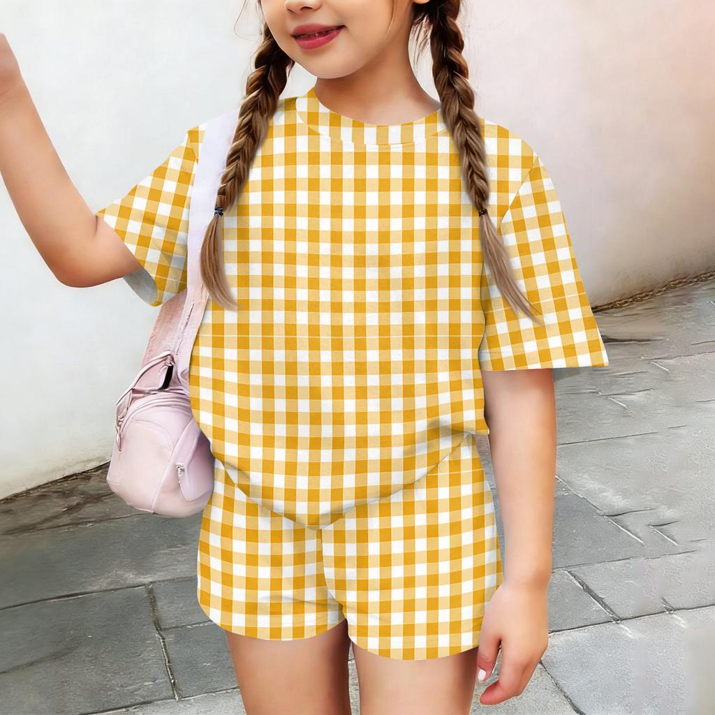Kids Casual Short Sleeve Top and Shorts Set Plaid Pattern Lightweight Breathable Soft Fabric Comfortable Fit Summer Outfit for Boys Girls