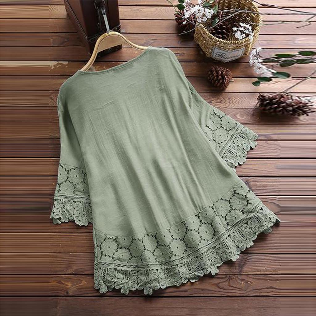 Maglietta Donna Con Maniche A Campana E Scollo A V, Pizzo, Tinta Unita, Estiva, Leggera, Morbida, Casual, Per Lavoro E Tempo Libero