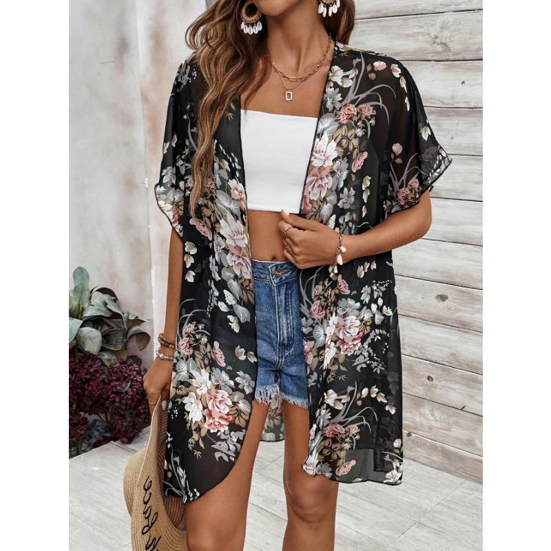 Elegante Kimono Cárdigan de Chifón Floral - Ligero, Transparente Negro con Estampado Floral Vibrante, Manga Corta, Frente Abierto, Cárdigan Estilo Kimono