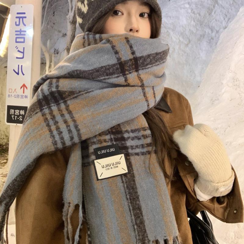 Women Retro Plaid Knitted Scarf Headscarf Ladies Casual Sweet Tassel Warm Scarve Mujer Wrap Shawl Student Young Girl New Winter