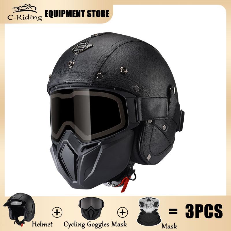 Vintage Brown Leather Helmet Summer Cruise Motorcycle Jet Helmet Men and Women Motorbike Riding Half Helmets Cascos Para Motos