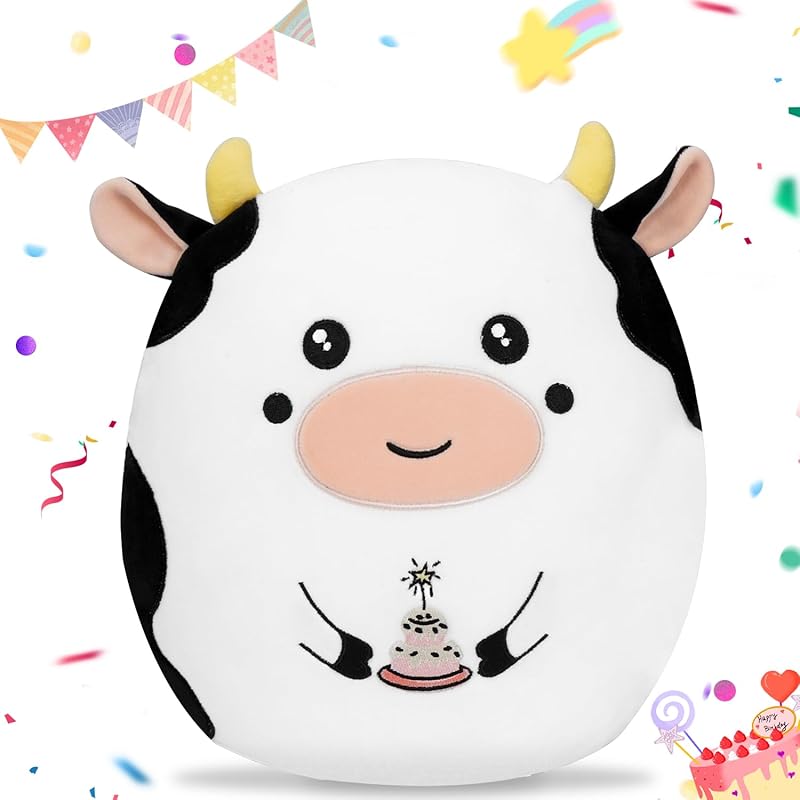 Capybara Birthday Plush 14in Stuffed Animal Pillow Cute Happy Birthday Capybara Gifts for Kids Boys Girls (Birhtday Capybara Plush Pillow) Birthday Cow Plush