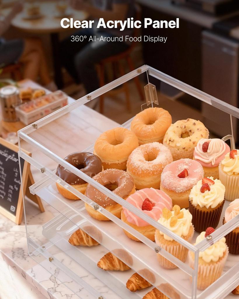Bakery Display Case, 2-Tier Commercial Countertop Pastry Display Case, Clear Acrylic Bread Box for Kitchen, Party Cake Cabinet with Magnetic Rear Door