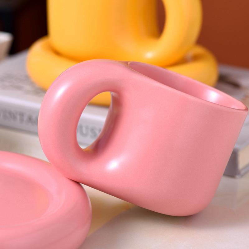 Ceramic Coffee Mug With Saucer Set Novelty Cute Fat Handle Cup  For Office And Home For Latte Tea Milk