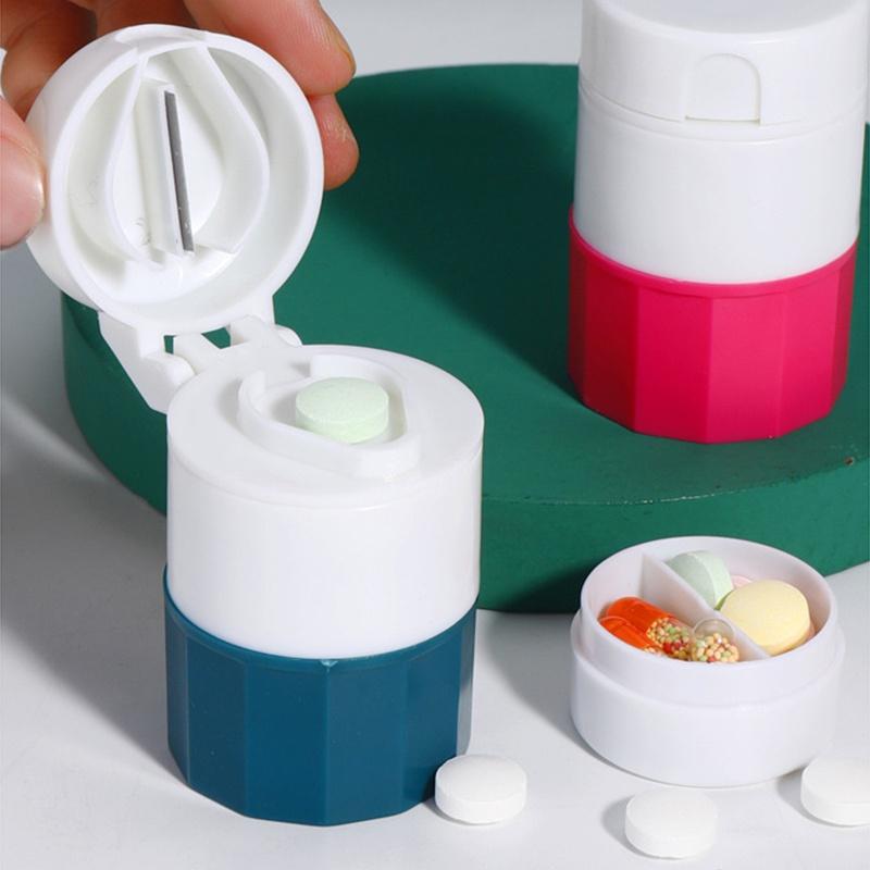 4 In 1 Portable Pill Medicine Crusher Splitter Tablet Divider Cutter Drugs Storage Box Powder Tablet Grinder 4 Layer Travel Pill Box