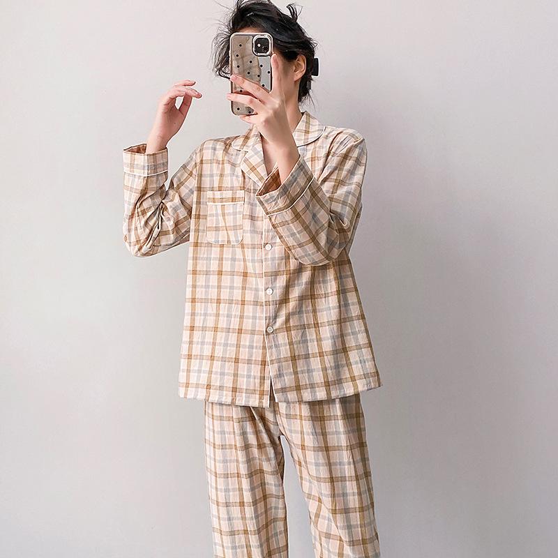 Spring and summer new women's plaid pajamas set long-sleeved trousers lapel loungewear pure cotton couple cardigan can be outside