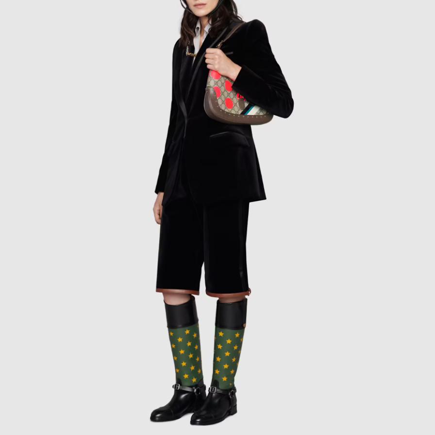 Gucci Jackie 1961 Gold Lock Dot Print Removable Extended Shoulder Strap Canvas And Leather Trim Half Moon Underarm Bag 678843-UQHIG-9885