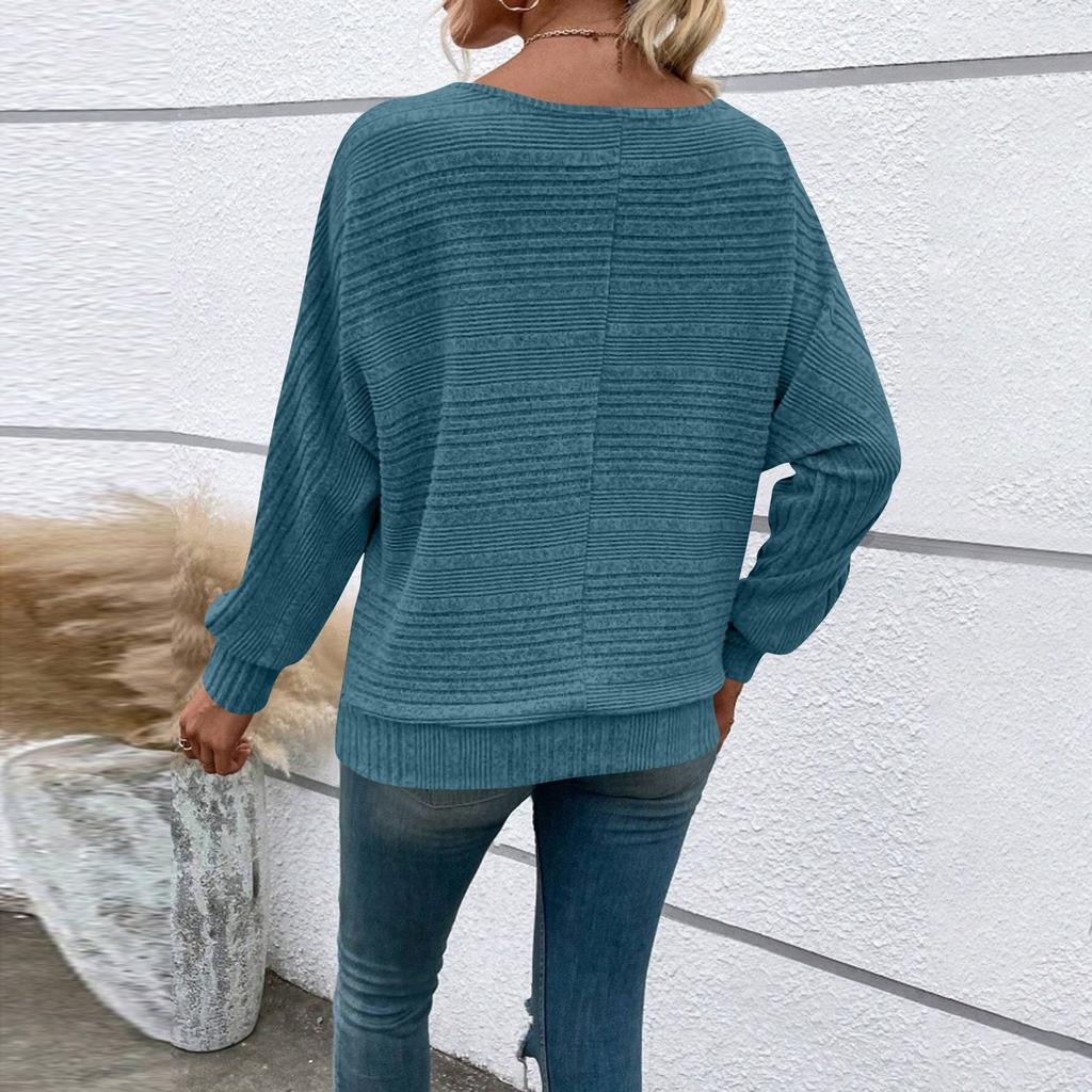 Women's Fashionable Solid Color Round Neck Long Sleeved Casual Pullover T-shirt Top
