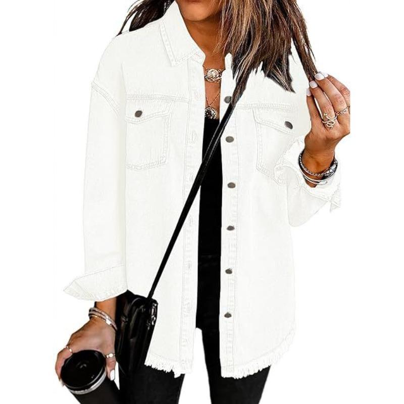 Frayed Edge Denim Loose Casual Long Sleeve Shirt Outerwear