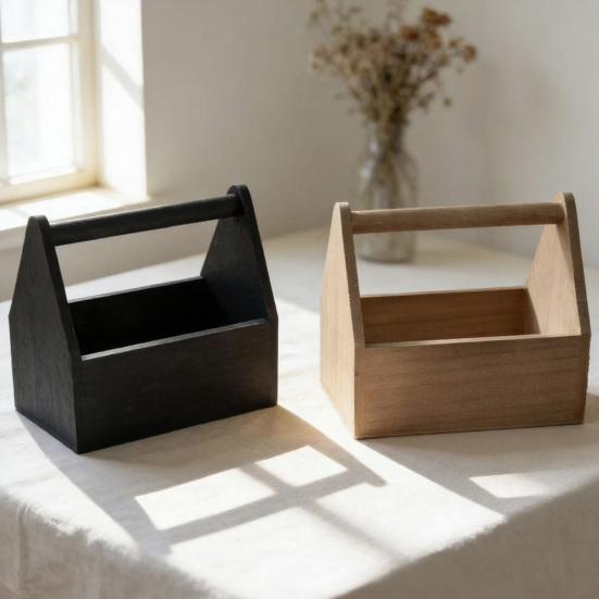 Scatola portaoggetti con manico, grande capacità, design aperto e portatile, texture legno, organizer durevole, per scrivania e souvenir