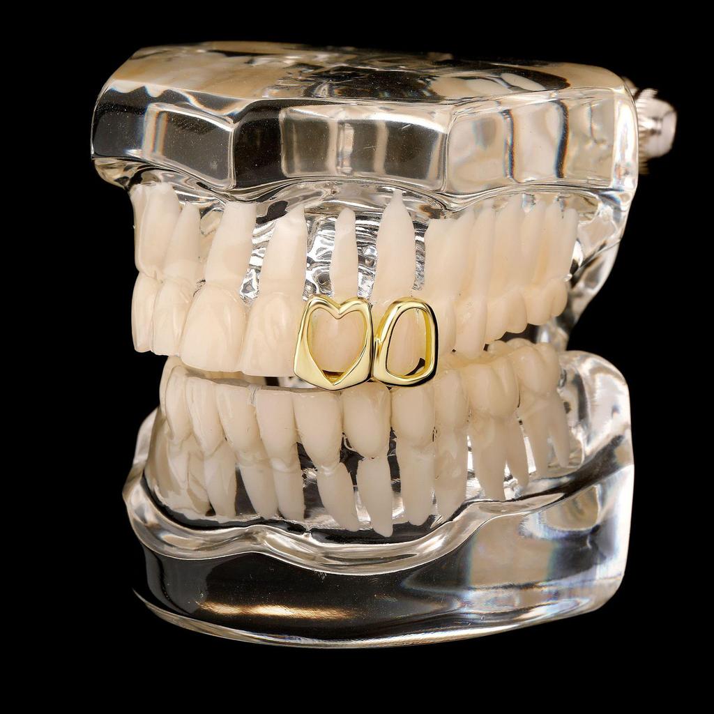 Zweifarbige Hohlherz-Gold-Grillz Streetwear Hip Hop Zähne-Set