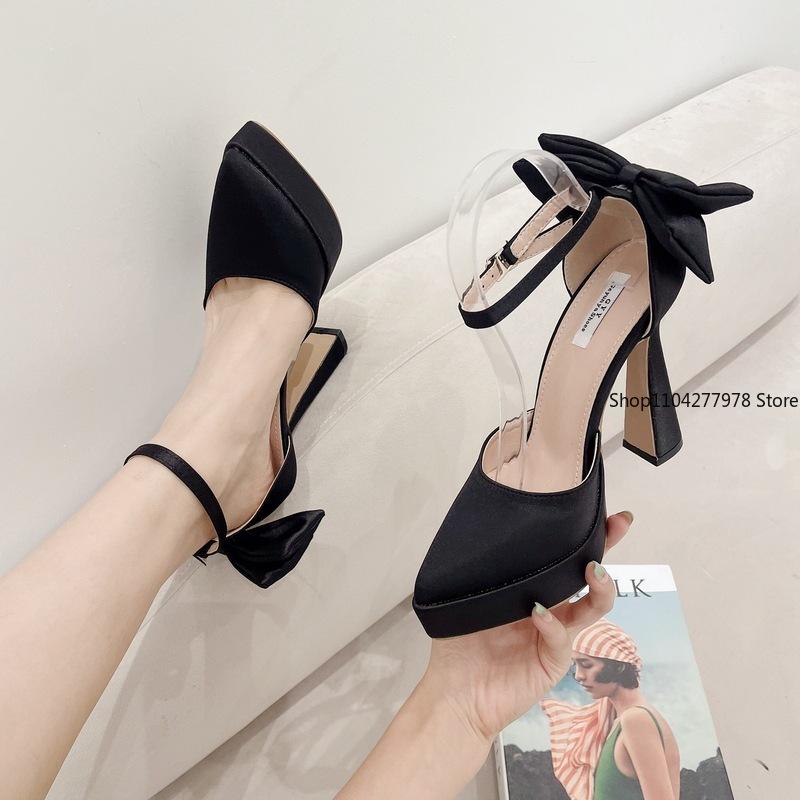 Fashion High Heels Women 2025 Summer New Fashion Satin Face High Heel Sandals Bow One Word Buckle Pointed Toe Thick Heel Women's Shoes