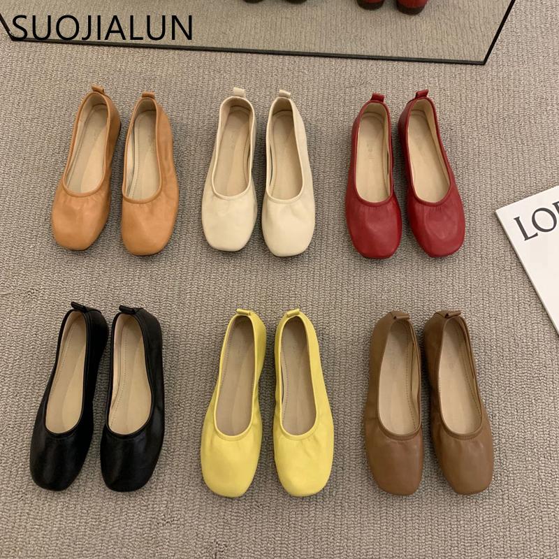 Fashion SUOJIALUN 2024 Summer New Women Flat Shoes Fashion Candy Color Ladies Round Toe Shallow Slip On Ballet Flats Soft Ballerinas Sho