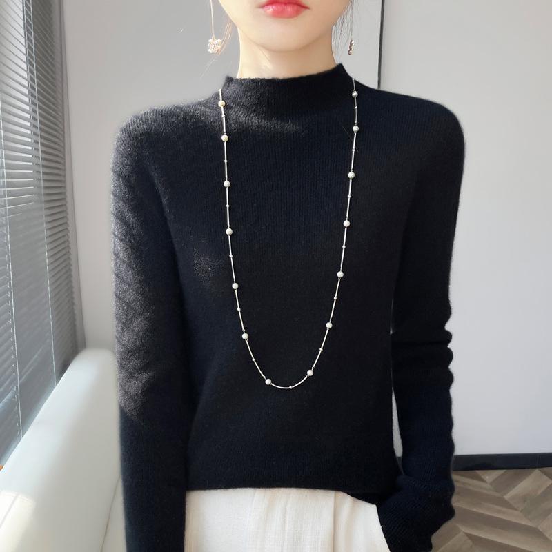 Jersey de Punto de Manga Larga Ajustado para Mujer con Cuello Alto - Color Sólido, Alta Elasticidad, Capa Base Otoño/Invierno.