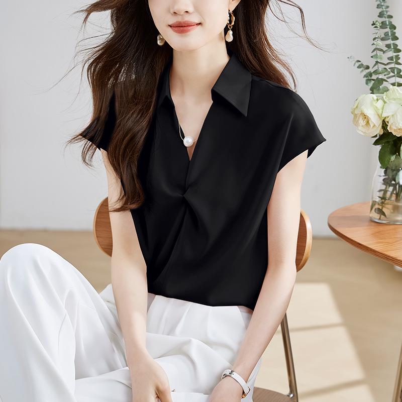Camicia da donna estiva 2025 in stile francese a maniche corte con design a catena di perle ritorte