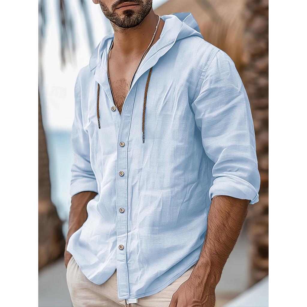 Pánská stylová košile s kapucí na knoflíky - Lehká směs bavlny a lnu, Ideální pro volnočasové a outdoorové aktivity, Prodyšná a pohodlná