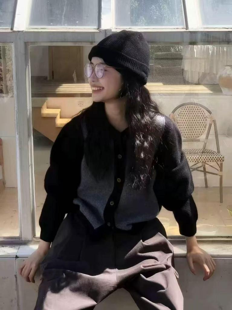 100% Pure Wool Women's Color Block Cardigan - Autumn/Winter Lazy Knitwear, Korean Style Sweater Coat