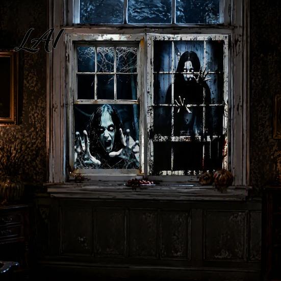Spökhus Dekorationer 2 st Halloween Skräck Fönsterklistermärken 80x120cm Spöklikt Spöke Skelett Läskigt Heminredning Klistermärken för Glas,