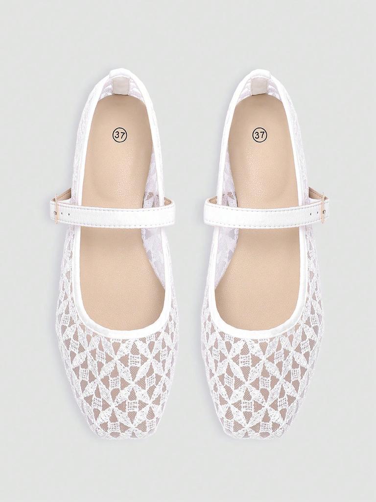 Women's Black Square Toe Ballet Mary Jane Flats with Cross Pattern Embroidery Detail and Black Buckle Strap