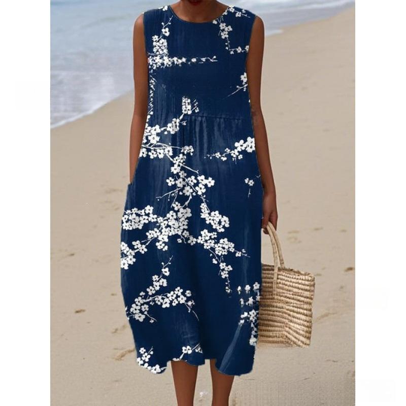 European and American New Summer Flower Ocean Printing European Size Round Neck Sleeveless Long Dress Creative Loose Dress