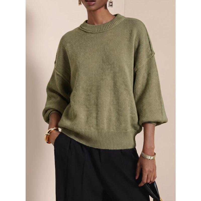YYFS Moda feminina casual outono inverno cor sólida estampa manga comprida gola redonda suéteres