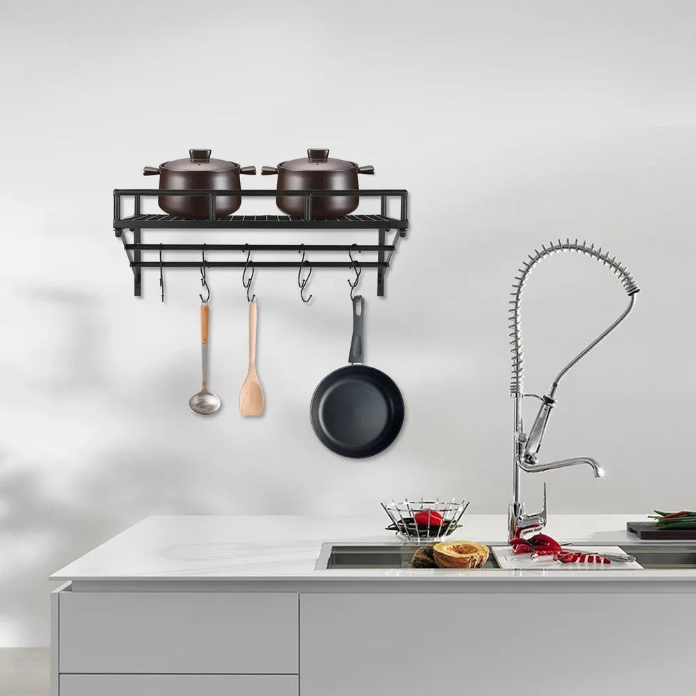 Modernt väggmonterat köksförvaringshylla - Förvaringsställ för köksredskap, kastruller, pannor med 10 krokar, Utrymmesbesparande design, Maxbelastning 20 kg/44 lbs