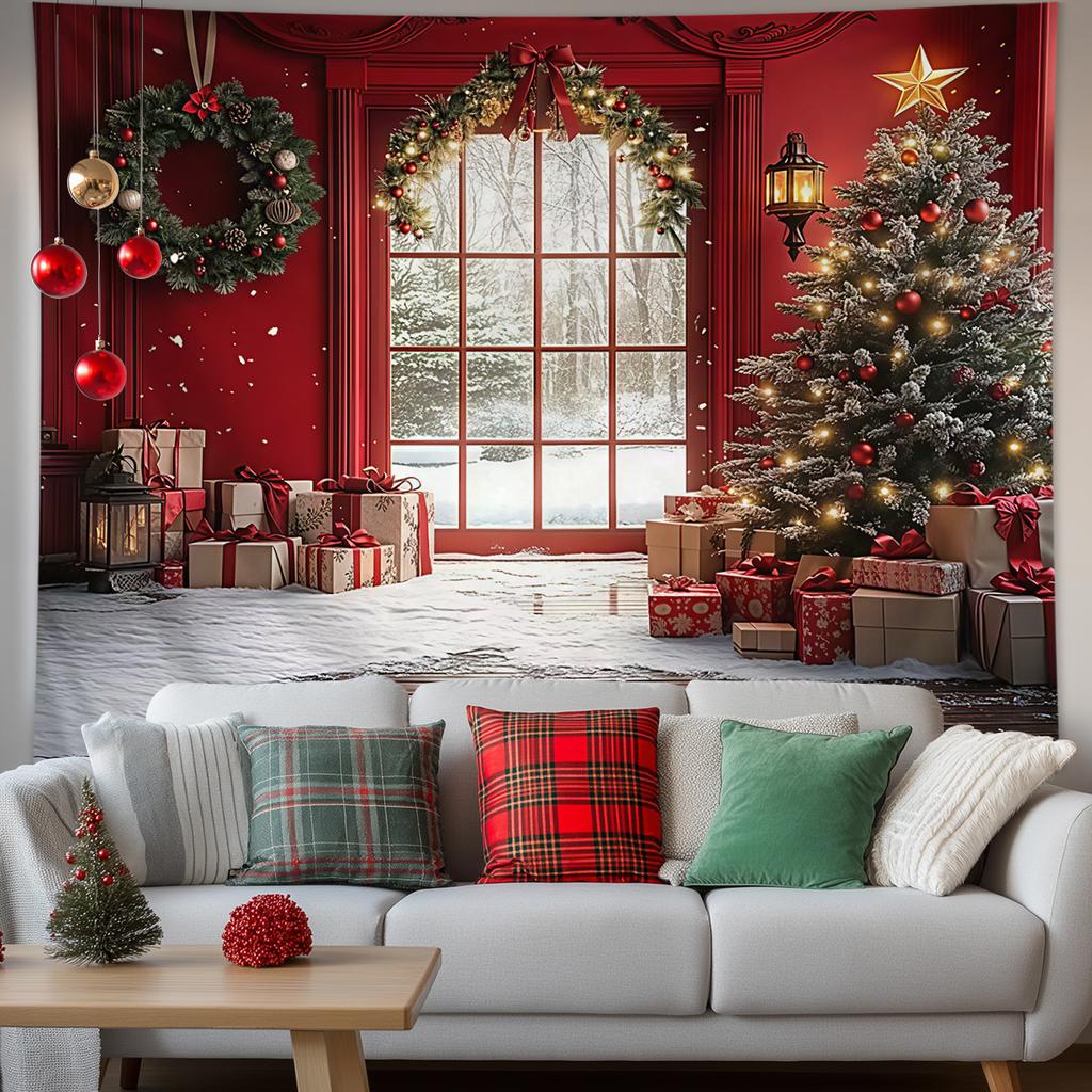 Christmas Tapestry Fairy Lights Christmas Tree Snowy Window Scene Red Curtains Christmas Event Backdrop Background Cloth