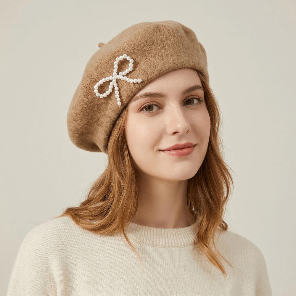 Knitted Bow Beret Solid Color Beanie Cap Streetwear Wool Beret  Street Photography