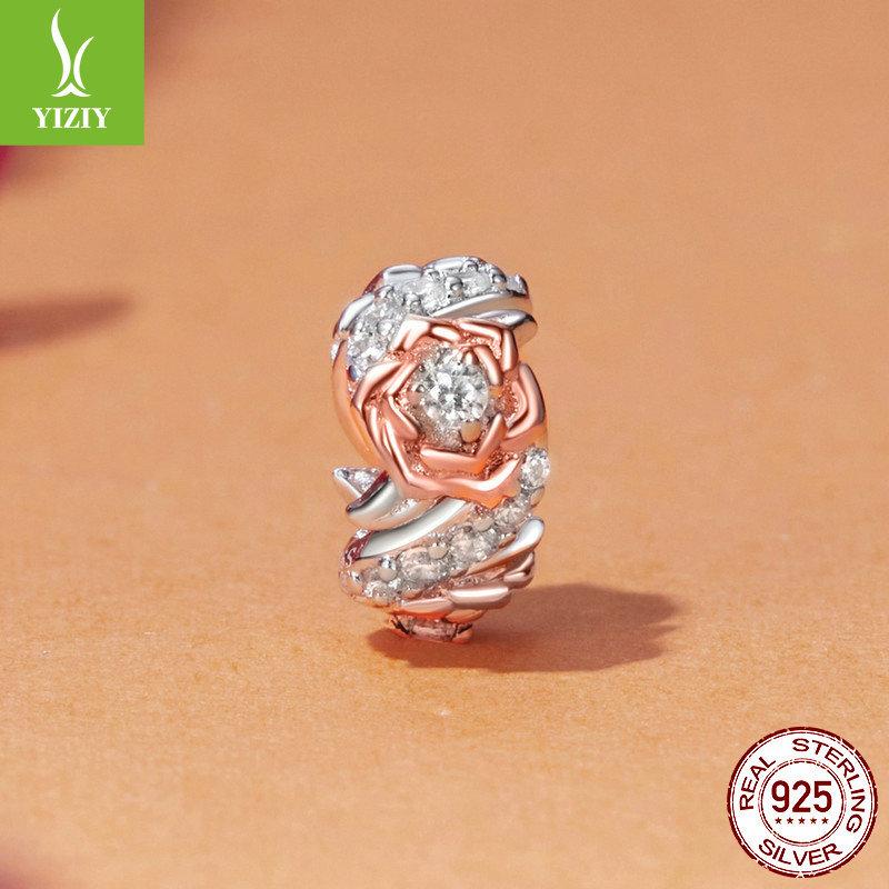 Rose Gold-Plated Rose Diy Bracelet Beads, Romantic High-End S925 Silver Beads Loose Beads
