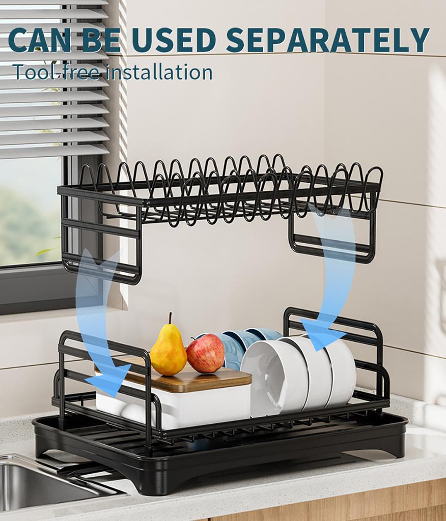Dish Drying Rack, 2 Tier Large Dish Drying Rack for Kitchen Counter with Drainboard Stainless Steel Dish Drainer for Dish/Knifes