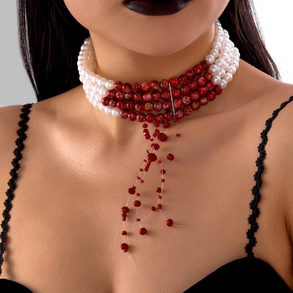 Halloween Blood Drop Pearl Necklace With Handcrafted Geometric Design For Women