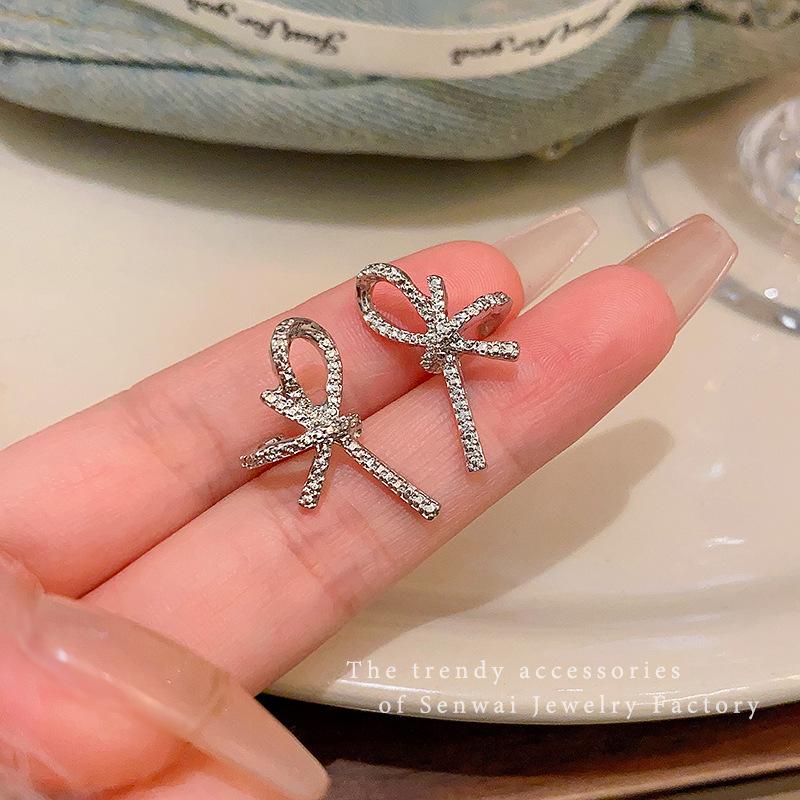 Silver Full Diamond Bow Stud Earrings Women s Premium Stud Earrings Popular Versatile Ears