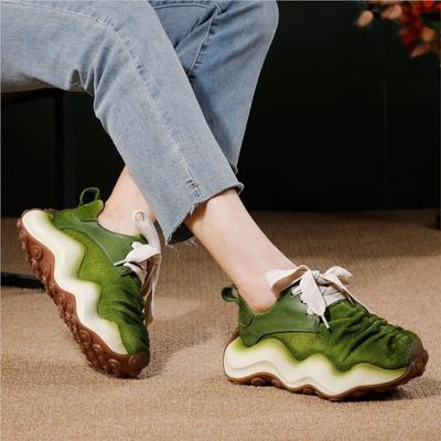 Zapatos de Mujer Empalme de Cuero Genuino Ante Suela Gruesa Estilo Deportivo Transpirables con Cordones Zapatos Casuales