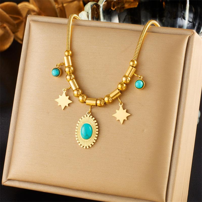 Creative Vintage Ethnic Pearl Heart Diamond Flower Eight-Pointed Star Pendant Necklace