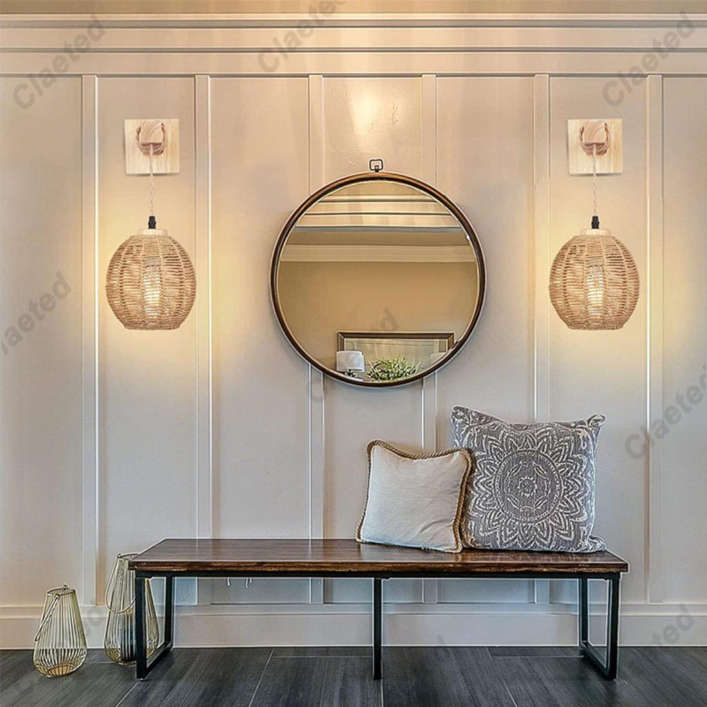 Wall Lights Fixtures Wall Decor Handwoven Lampshade Wall Sconces Lighting Rattan Wall Lamp for Home Kitchen Loft Ceiling Bedroom