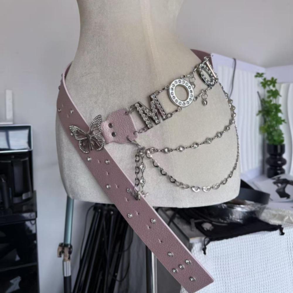 

Панк Буквы Стразы Ремни Модный Дизайн Ковбойский Пояс Ретро Поясная Цепь для Клубной Вечеринки Pink-MOON