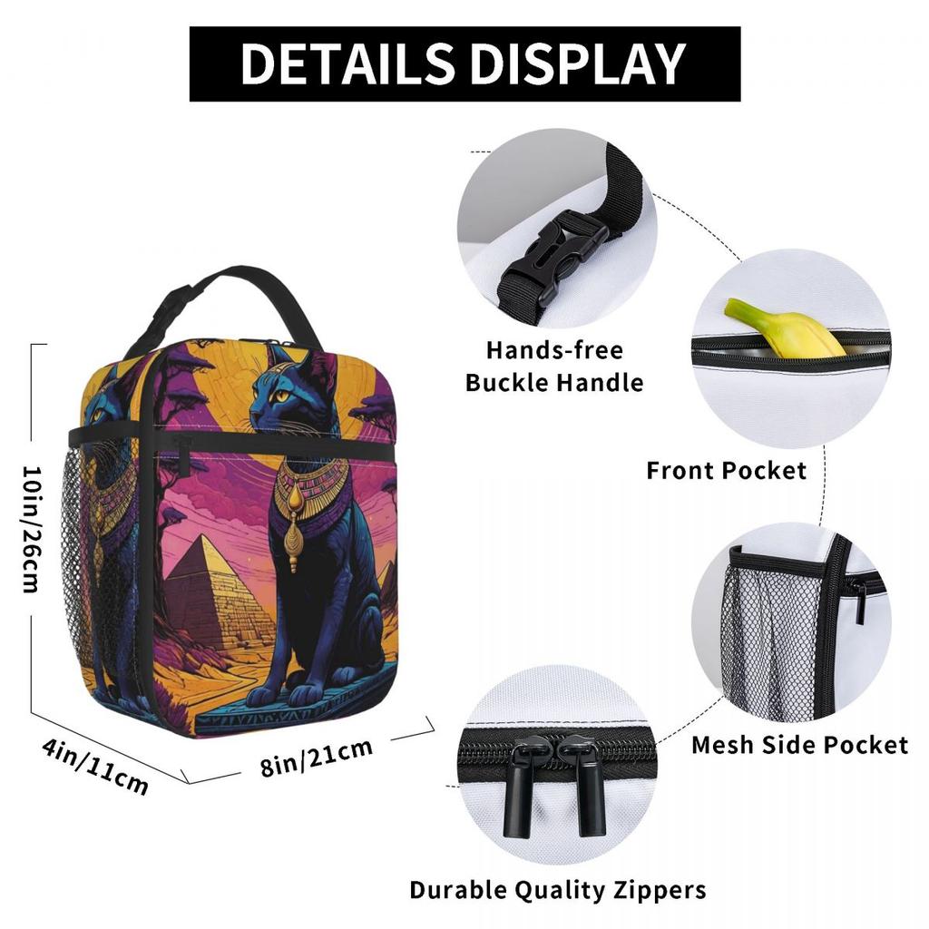 Egyptian Cat Pattern Insulated Lunch Bag for Women Office Cooler Thermal Food Box Tote Portable Lunch Boxes Container