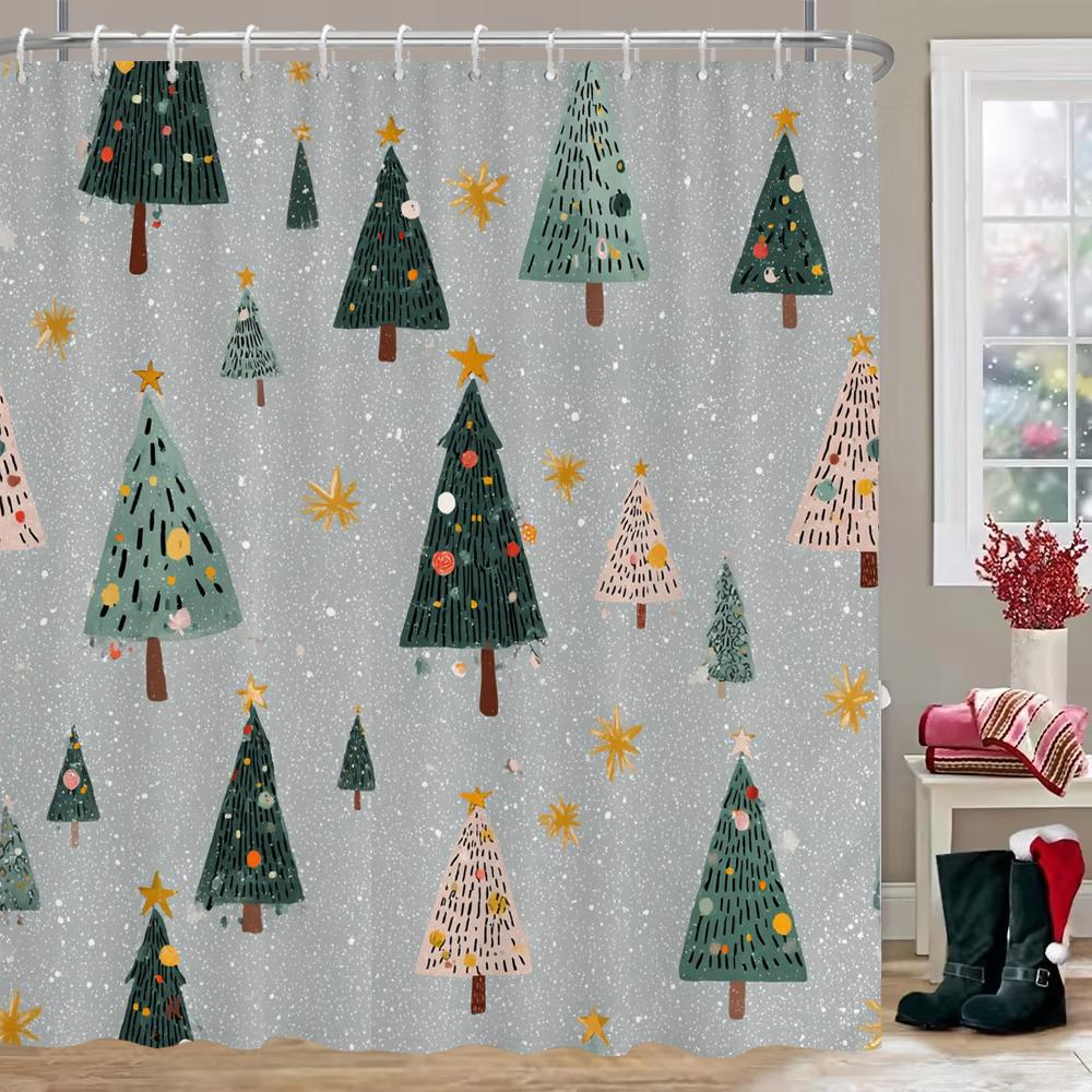 Christmas Tree Shower Curtain, Bathroom Curtain, Merry Christmas Shower Curtain, Home Decoration Christmas Curtain With Hooks