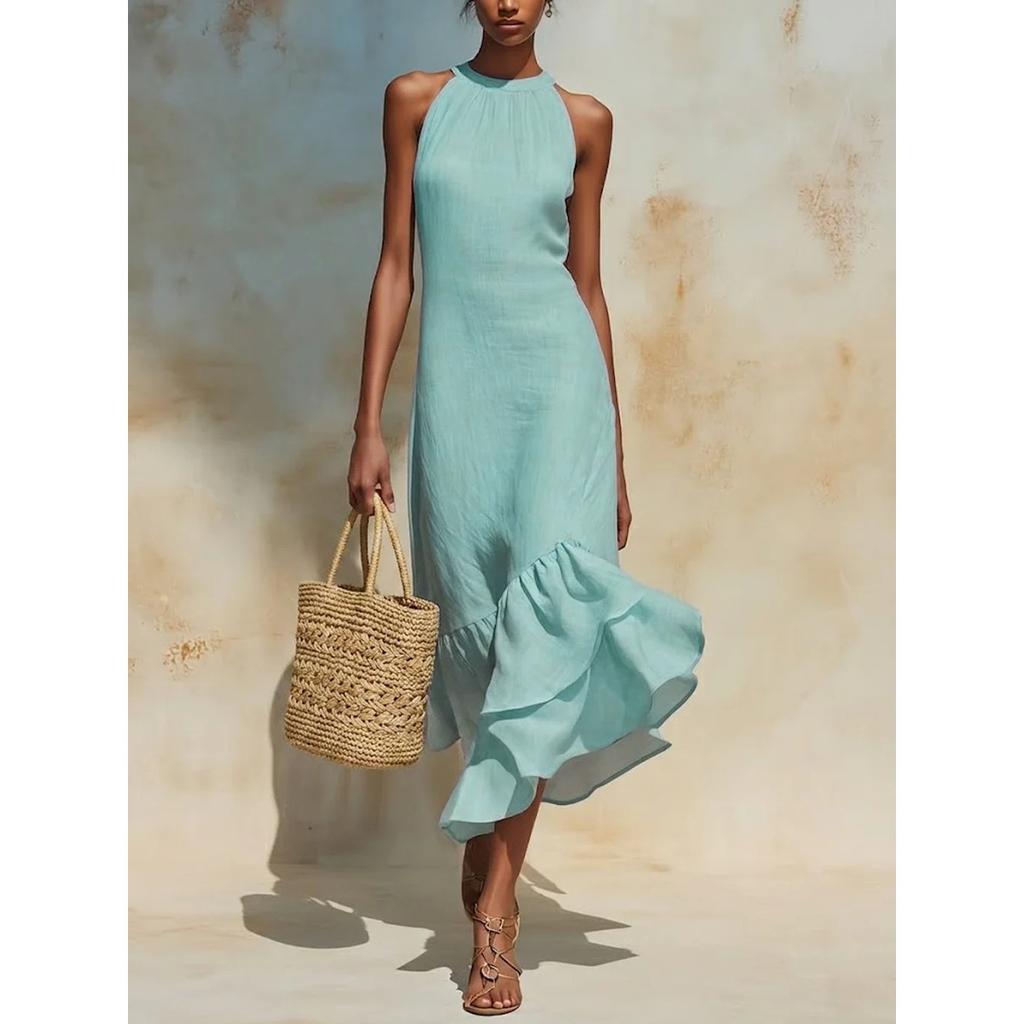 Sommer Baumwolle Leinen Neckholder Kleid, Ärmellos Unregelmäßiger Rüschen Meerjungfrauen Saum Maxikleid für Europäische Amerikanische Ferien