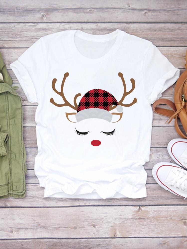 

Printed Lady Clothing Fashion Christmas Women Plaid Truck Tree Trend 90s Short Sleeve TShirts New Year Graphic T Top Tee S